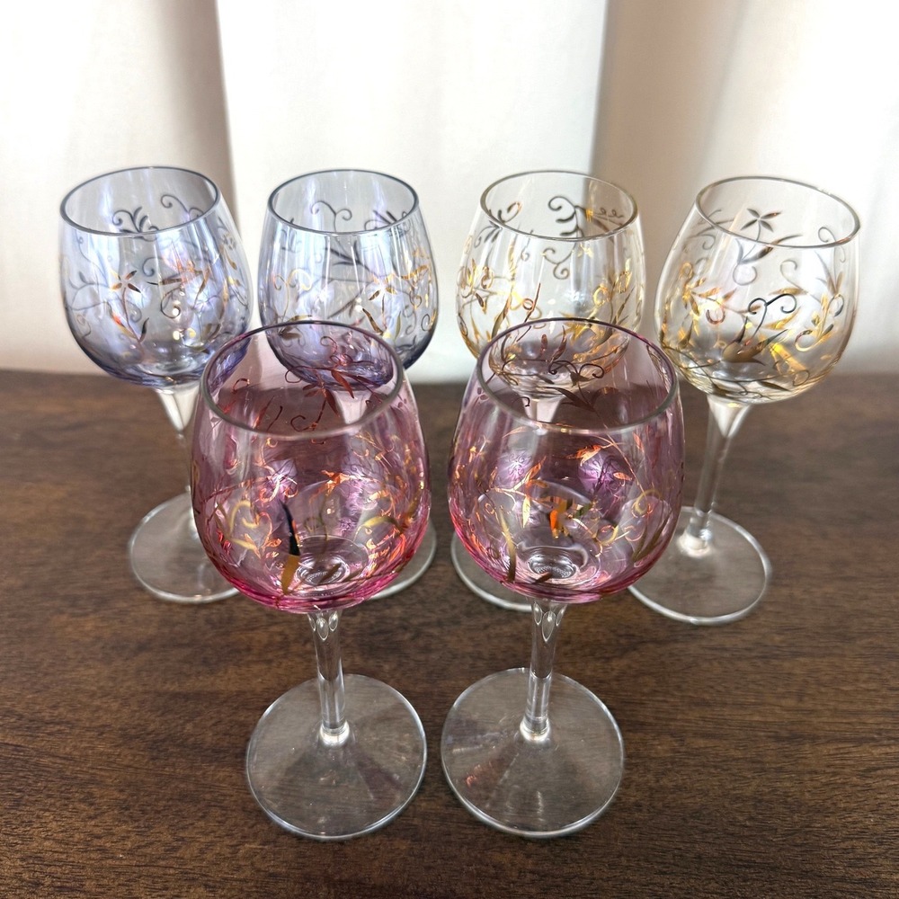 VTG Romanian‎ Etched Pink Lavender Gold Crystal Cordial Dessert Glasses Set of 6